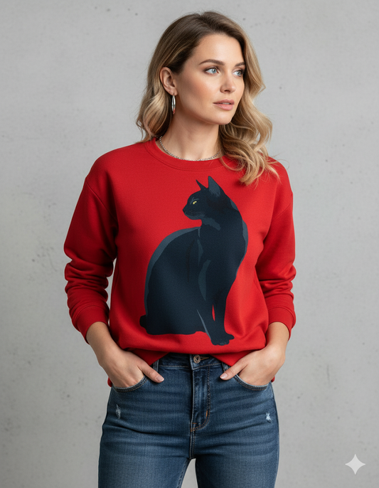 Damenpullover mit Rundhalsausschnitt und Katzenprint | Freizeit