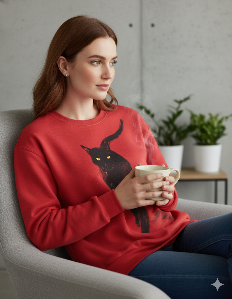 Damenpullover mit Rundhalsausschnitt und Katzenprint | Freizeit