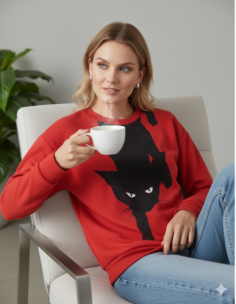 Damenpullover mit Rundhalsausschnitt und Katzenprint | Freizeit