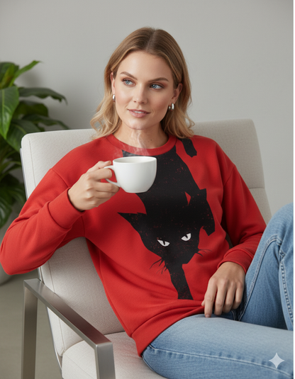 Damenpullover mit Rundhalsausschnitt und Katzenprint | Freizeit