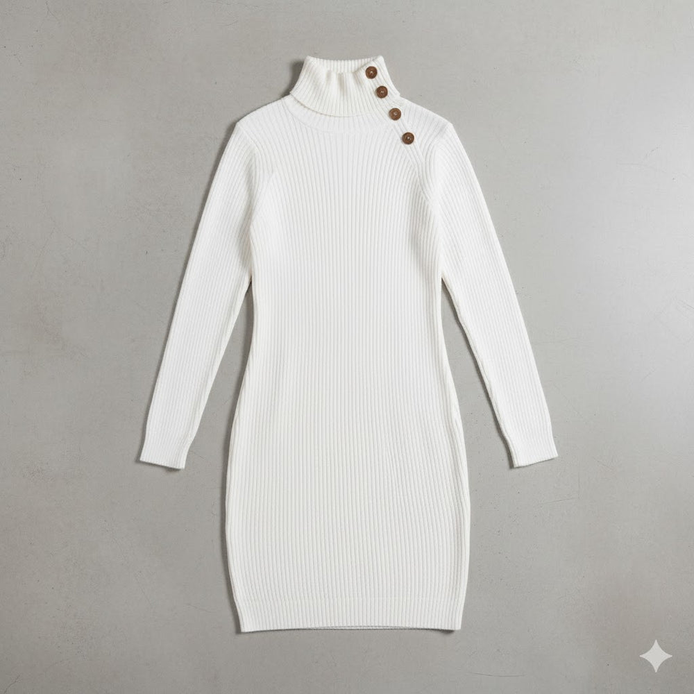 Damen Rollkragen Kleid lang | Eleganter Strick & Knopfdetail Winter