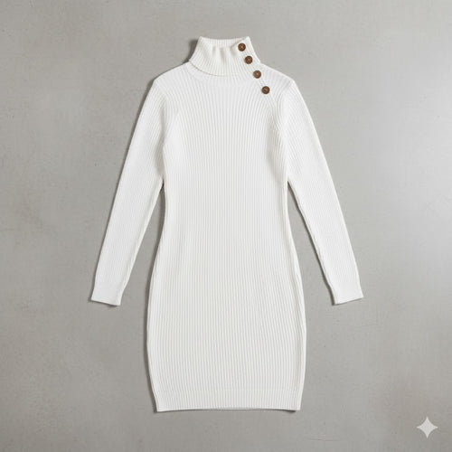 Damen Rollkragen Kleid lang | Eleganter Strick & Knopfdetail Winter