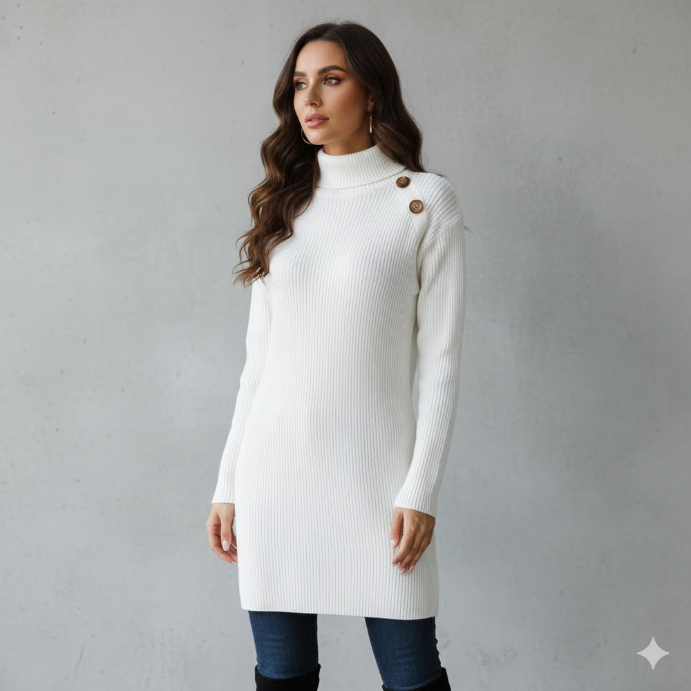 Damen Rollkragen Kleid lang | Eleganter Strick & Knopfdetail Winter