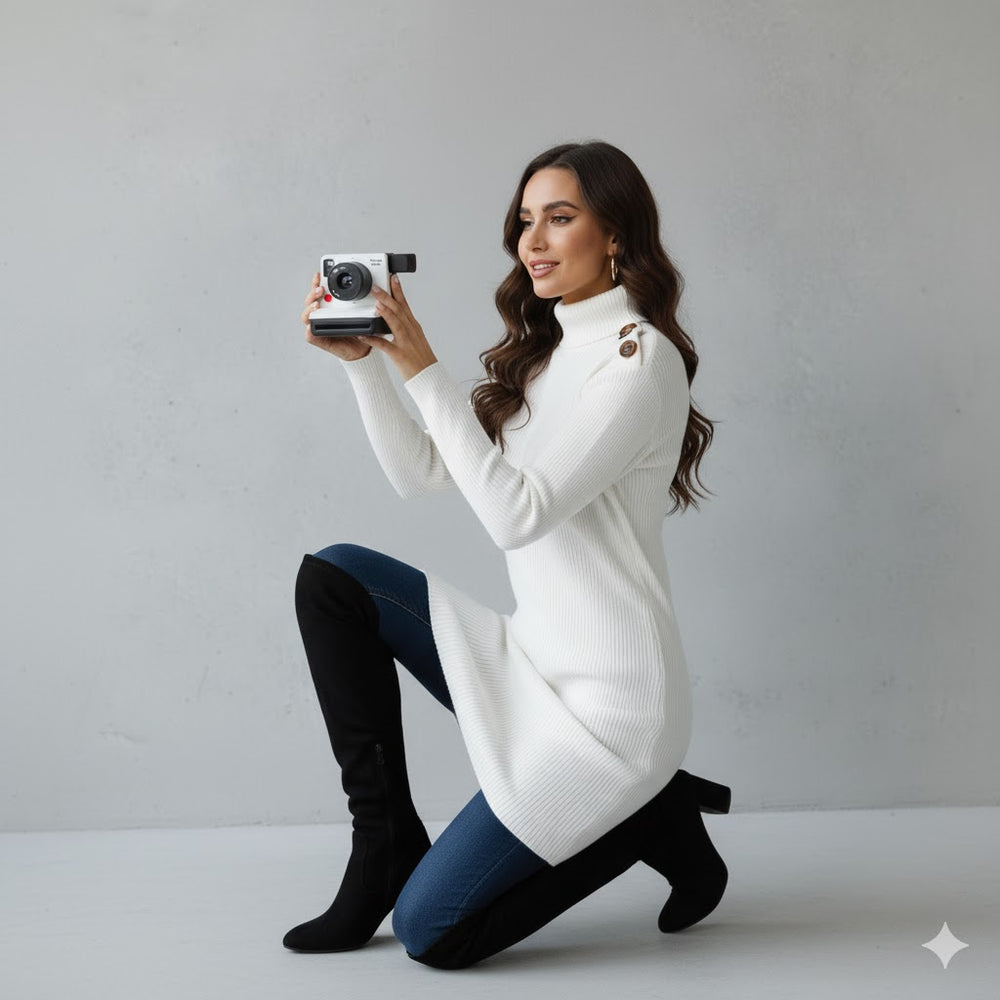 Damen Rollkragen Kleid lang | Eleganter Strick & Knopfdetail Winter