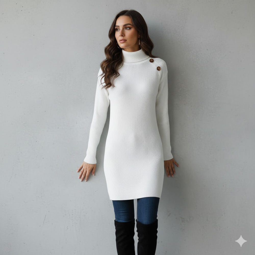 Damen Rollkragen Kleid lang | Eleganter Strick & Knopfdetail Winter