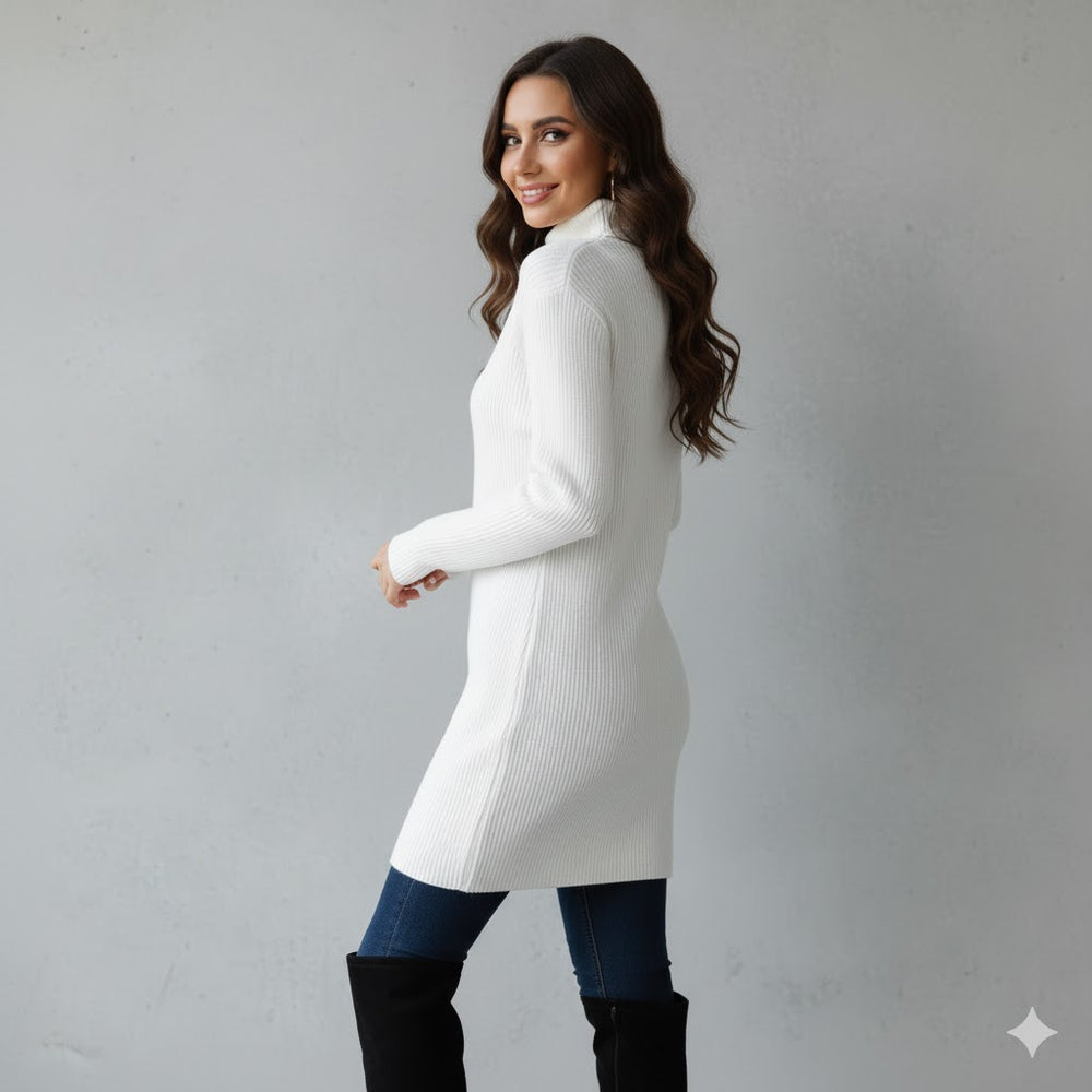 Damen Rollkragen Kleid lang | Eleganter Strick & Knopfdetail Winter