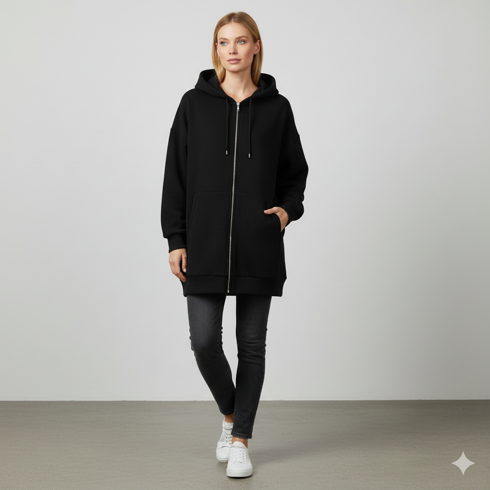 Langer Damen Hoodie mit Reißverschluss | Warm & Bequem für Winter