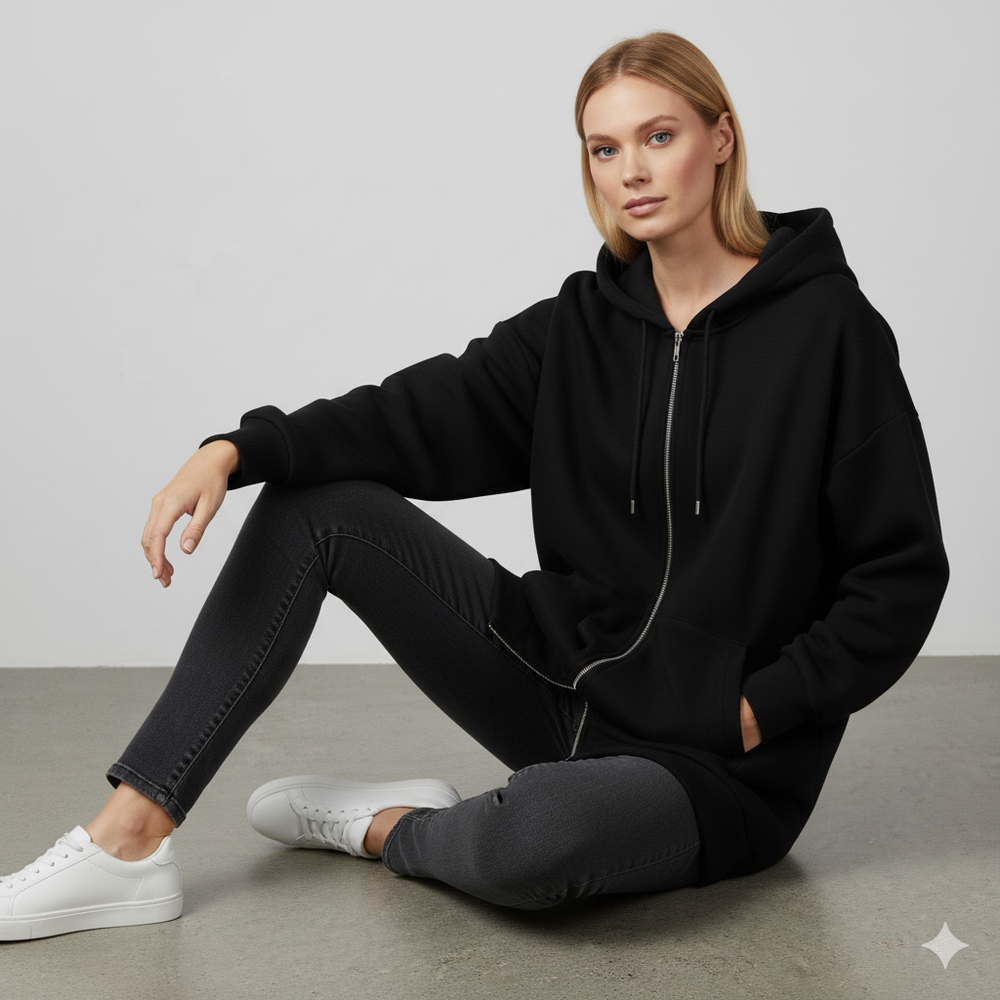 Langer Damen Hoodie mit Reißverschluss | Warm & Bequem für Winter
