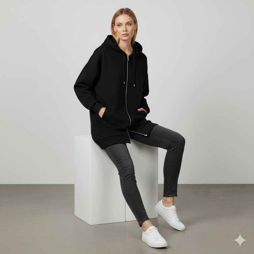 Langer Damen Hoodie mit Reißverschluss | Warm & Bequem für Winter