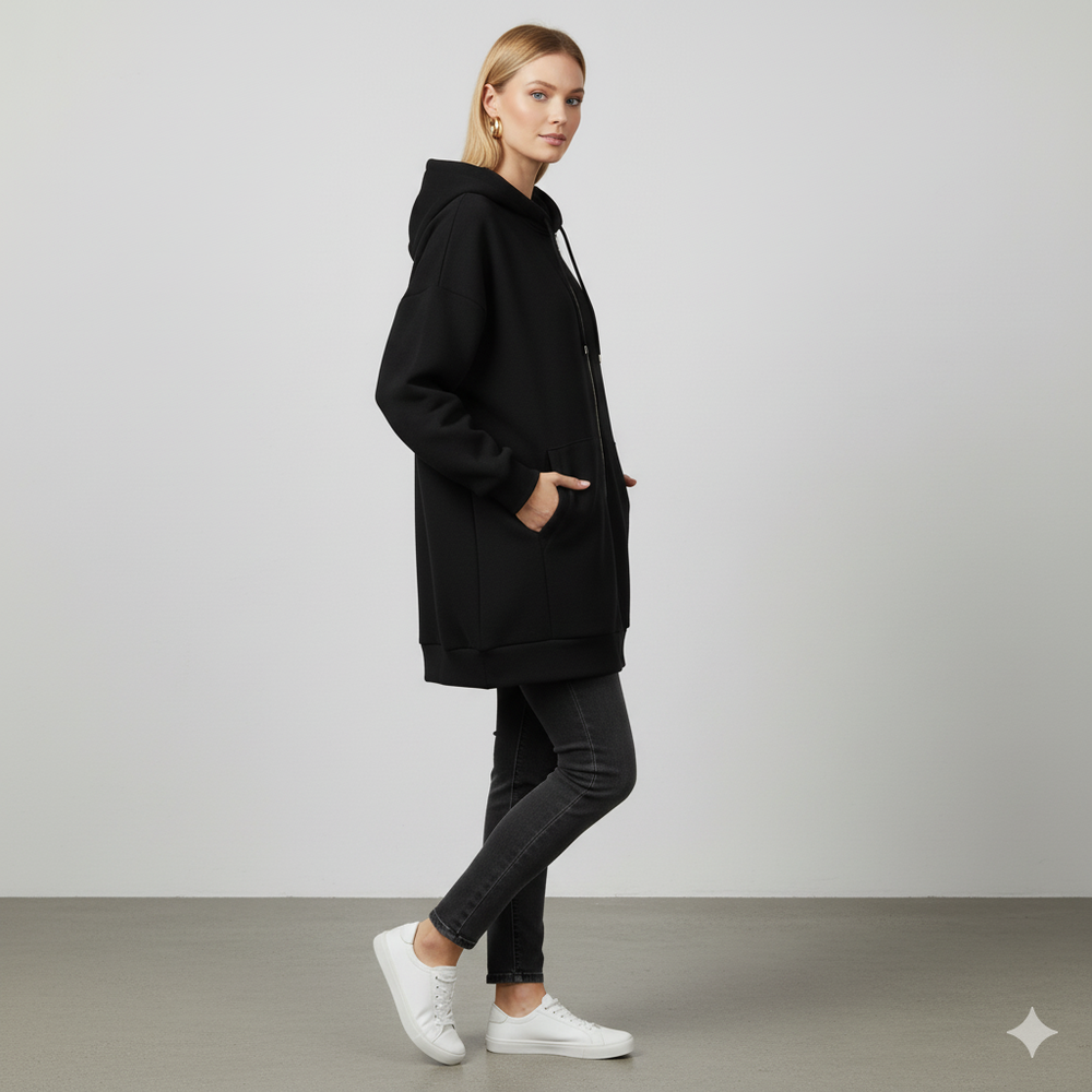 Langer Damen Hoodie mit Reißverschluss | Warm & Bequem für Winter