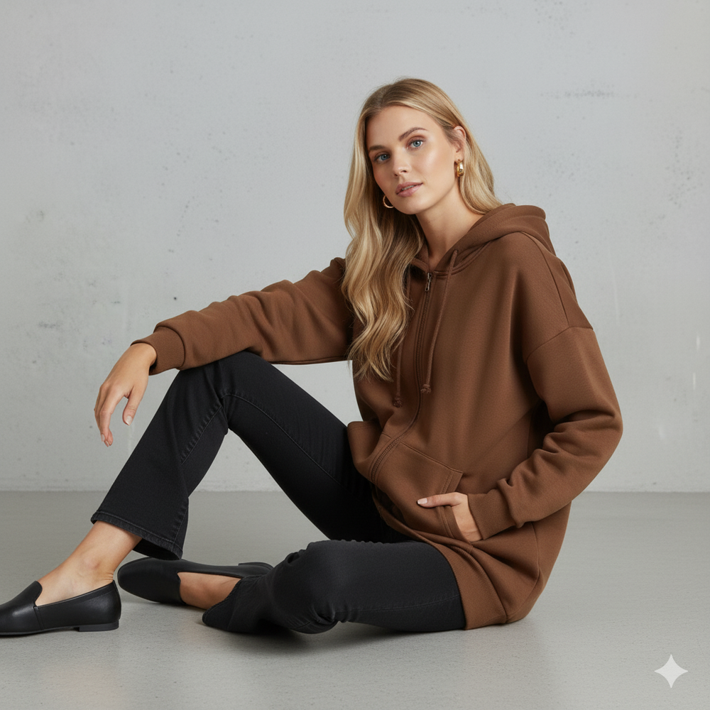 Langer Damen Hoodie mit Reißverschluss | Warm & Bequem für Winter