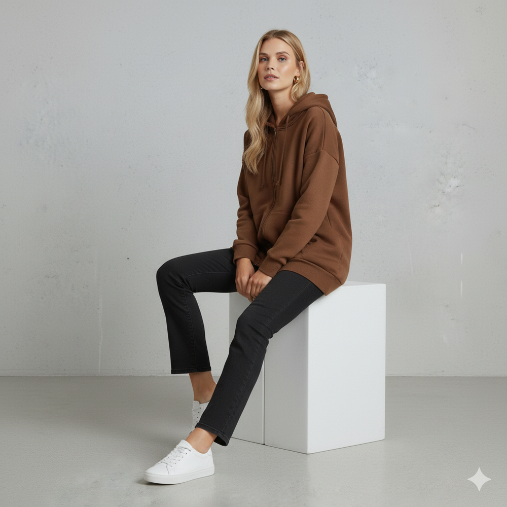 Langer Damen Hoodie mit Reißverschluss | Warm & Bequem für Winter