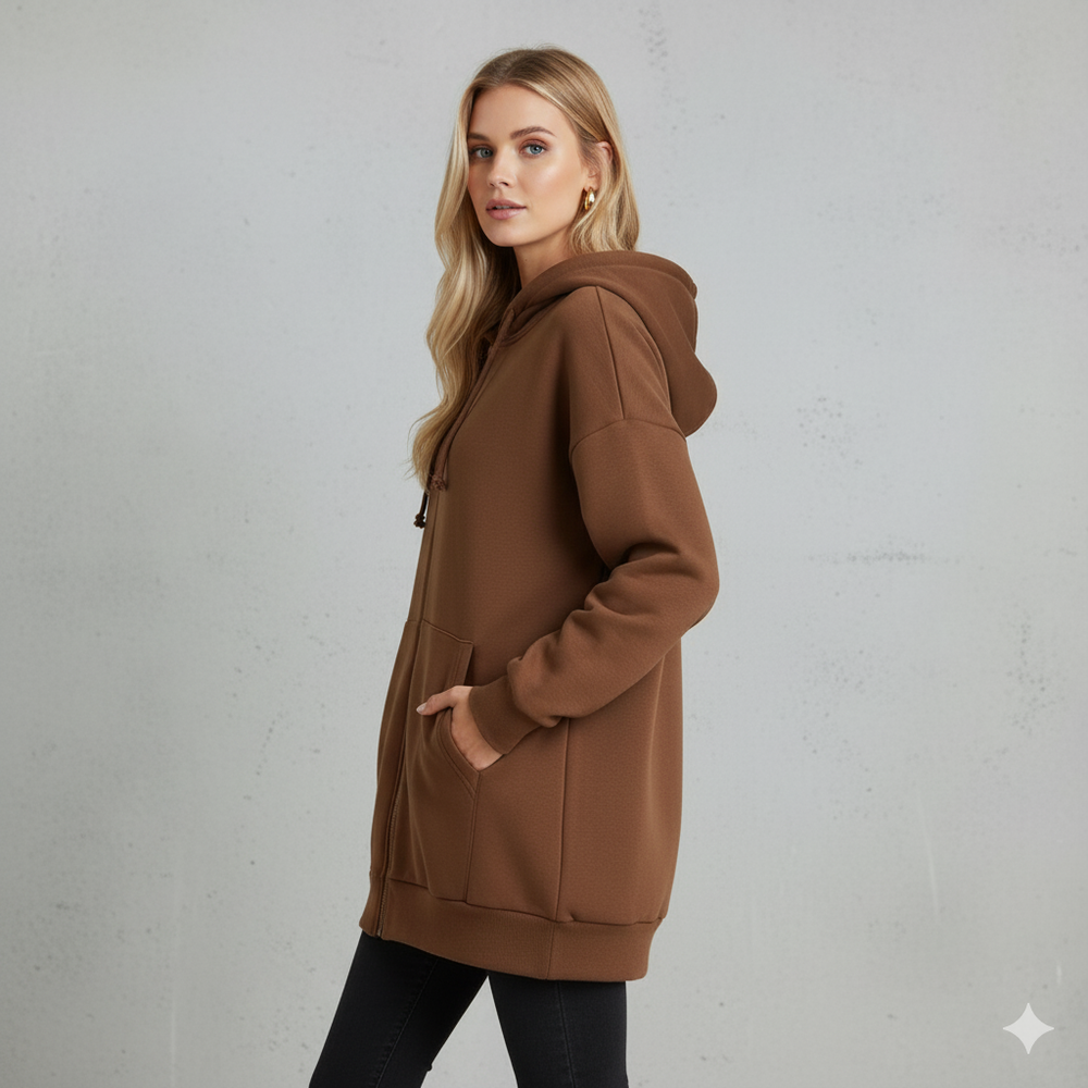 Langer Damen Hoodie mit Reißverschluss | Warm & Bequem für Winter