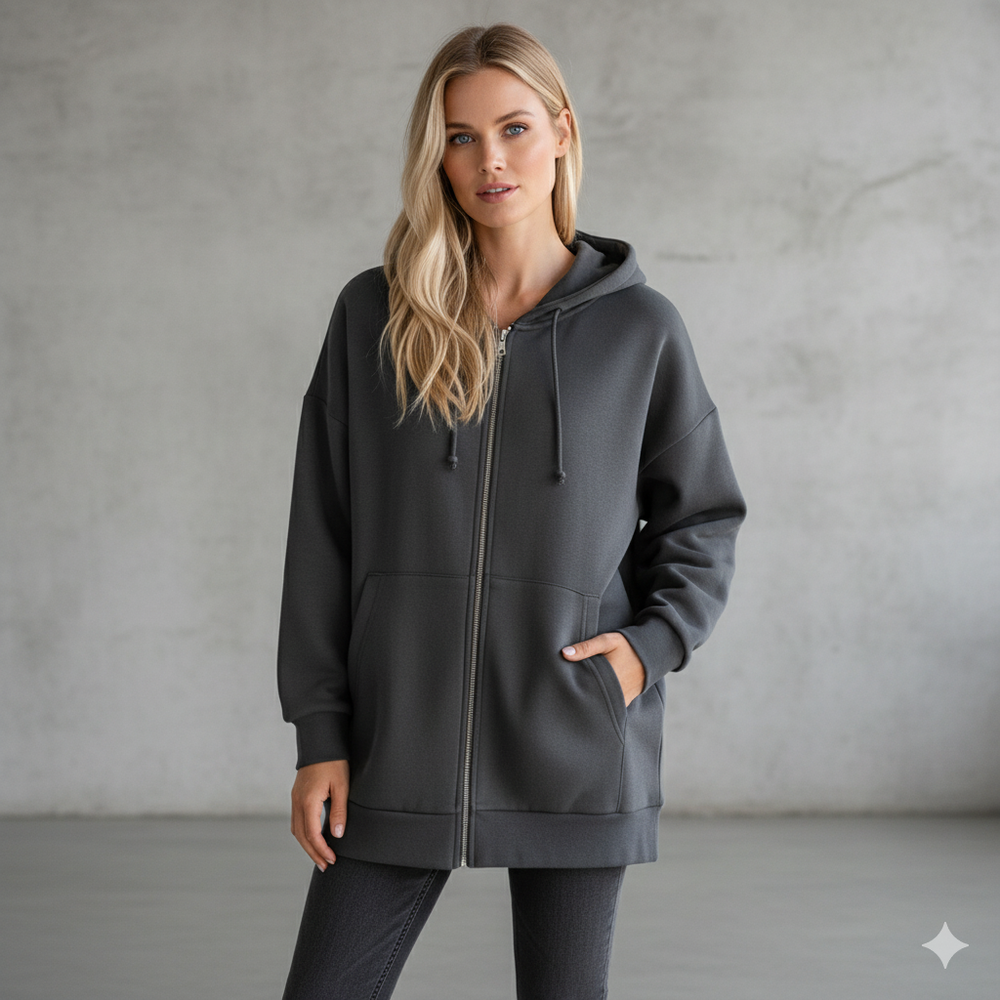 Langer Damen Hoodie mit Reißverschluss | Warm & Bequem für Winter
