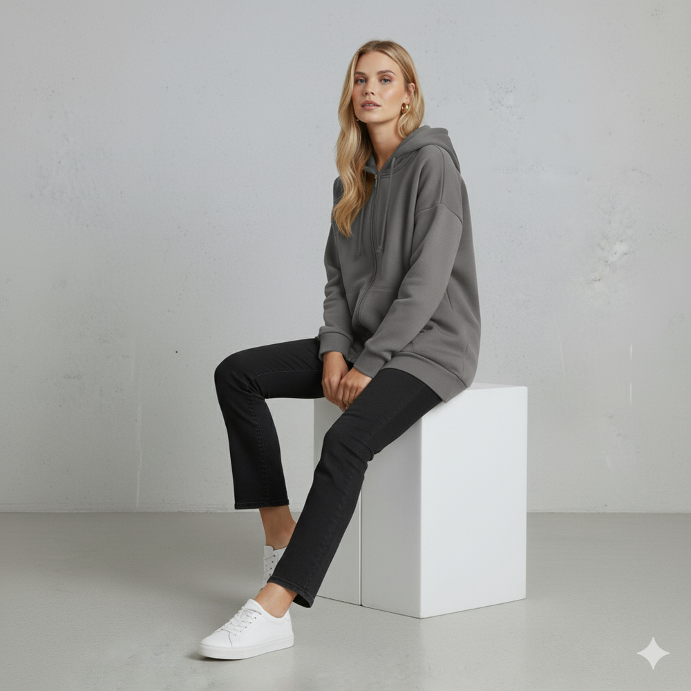 Langer Damen Hoodie mit Reißverschluss | Warm & Bequem für Winter