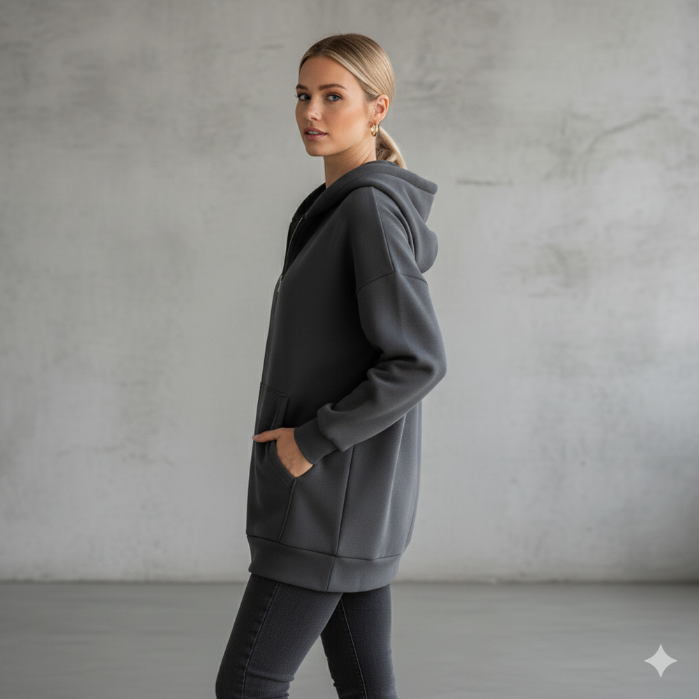 Langer Damen Hoodie mit Reißverschluss | Warm & Bequem für Winter