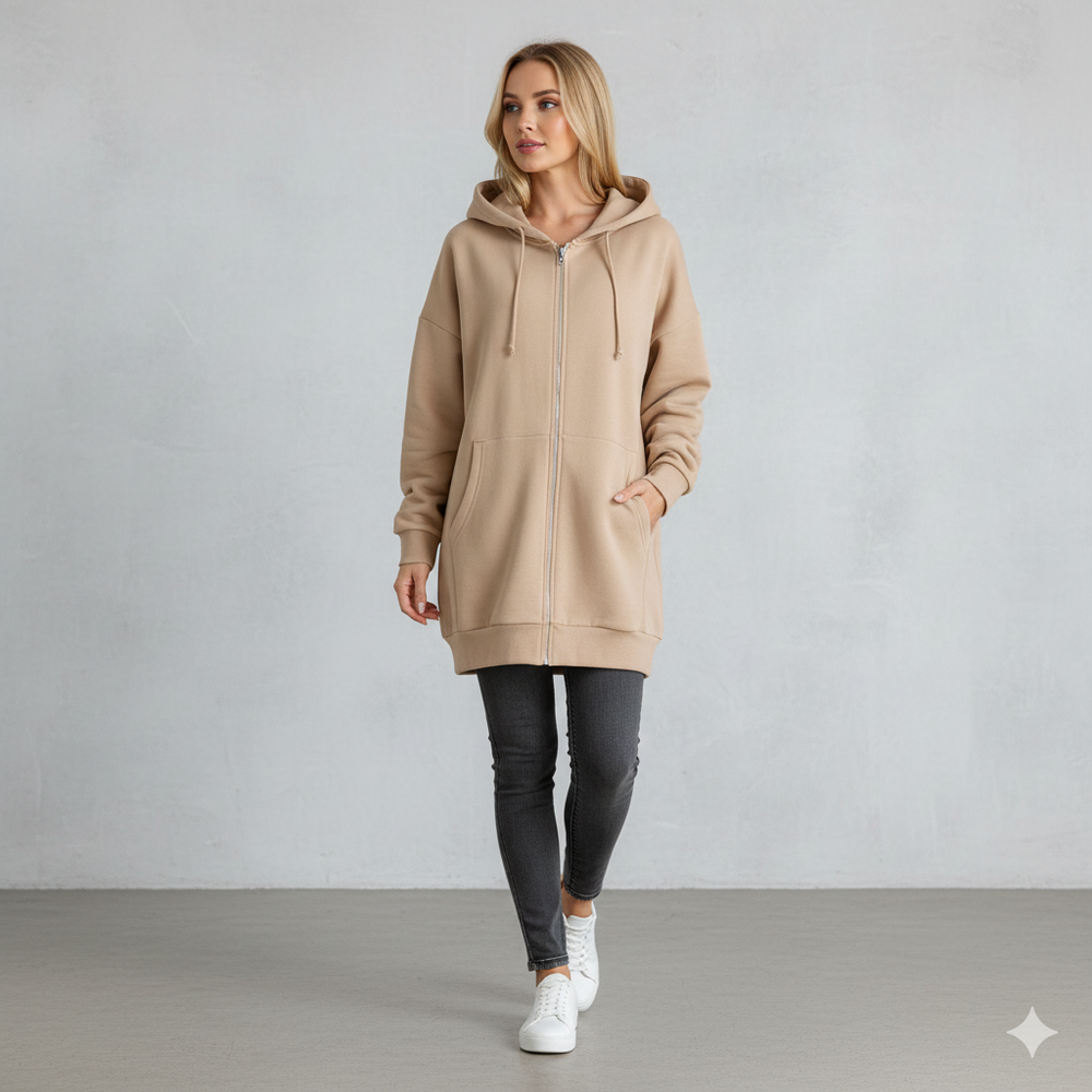 Langer Damen Hoodie mit Reißverschluss | Warm & Bequem für Winter