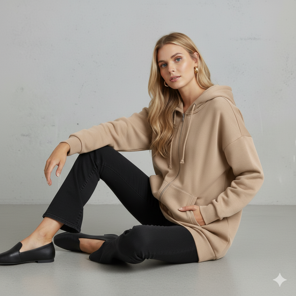Langer Damen Hoodie mit Reißverschluss | Warm & Bequem für Winter