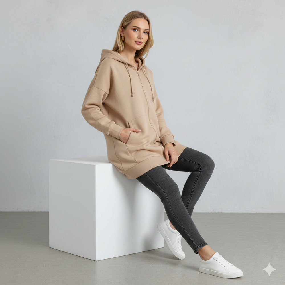 Langer Damen Hoodie mit Reißverschluss | Warm & Bequem für Winter