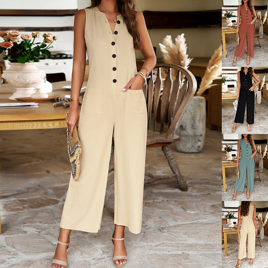 Hayley – Ärmelloser Jumpsuit mit Knopfdesign und weitem Bein