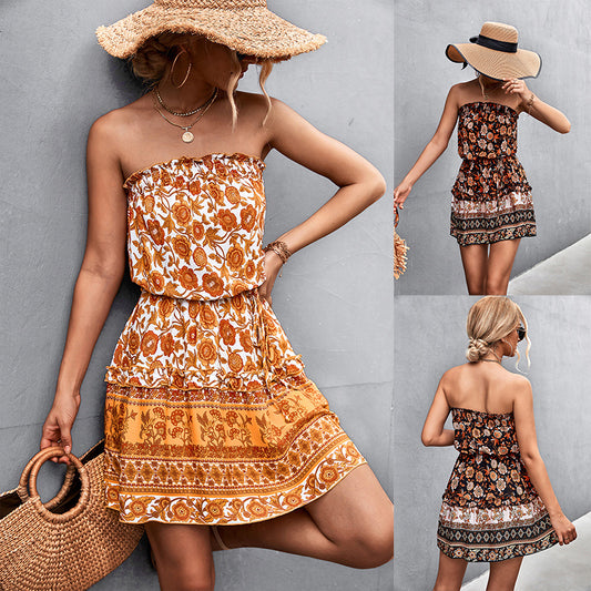 Denise – Trägerloses Bohemian-Blumendruckkleid für den Sommer am Strand